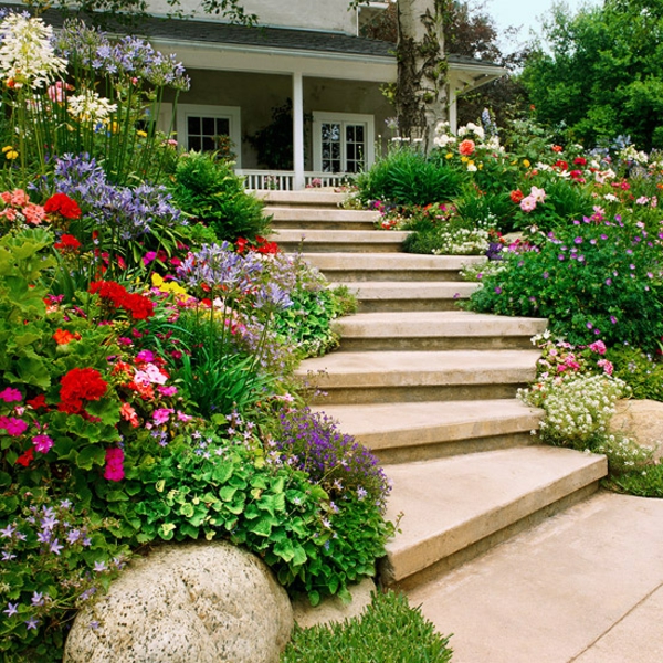 moderni-talo-design-portaat-from-stone-itse-rakentaa-monet kukat ja vihreät kasvit