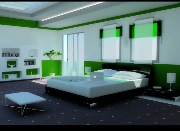 غرفة نوم حديثة ذات تصميم حديث للغاية باللون الأخضر