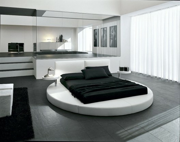 modern hálószoba-egy-kerek-ágy kombinációja fehér és fekete