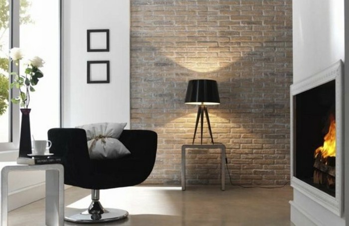 модерен хол с-фаянсова облицовка-benz24.de тухлена стена дизайн-огнище
