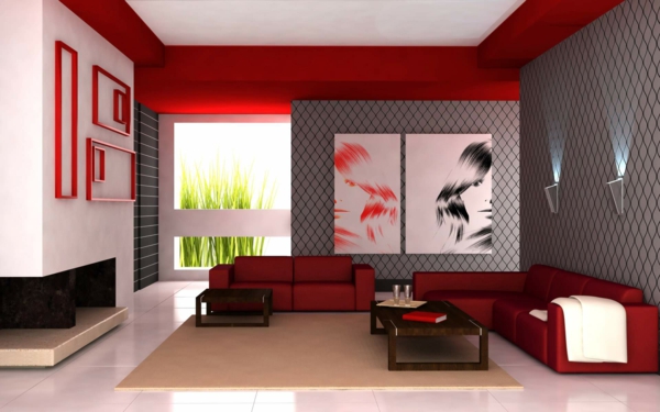 piros és szürke, mint extravagáns színek a nappali bútorok számára