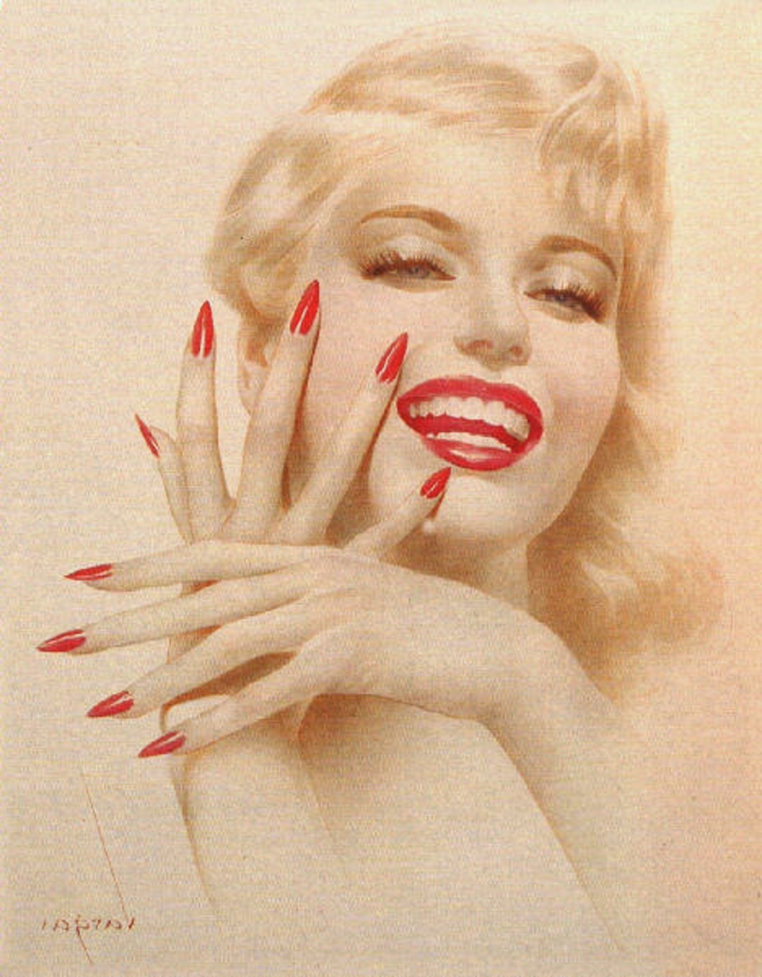 τα κόκκινα μακριά νύχια ανήκουν άμεσα στις ιδέες για το σχεδιασμό της εποχής του Marilyn Monroe