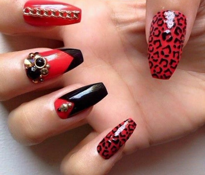 Нокти камъни-червени нокти-с-брокат-привлекателен марка дизайн-с-камъни-червено-черно-златисто-деко