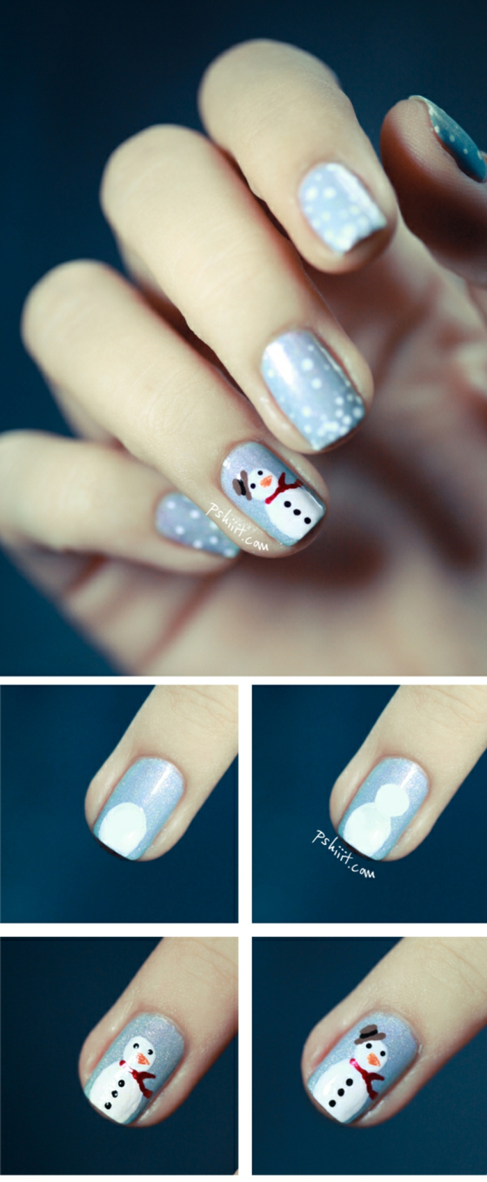 Zimske nokte sa snjegovićem i malim pahuljicama u četiri koraka, svjetlo plava tla, ovalni oblik nokta