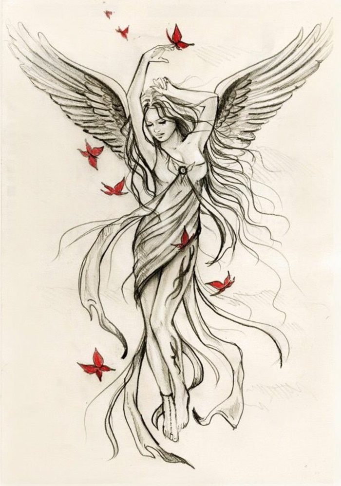 тук ще намерите идея за татуировка на ангелски крила за жени - тук е танцуващ ангел с бели крила с дълги пера и пеперуди