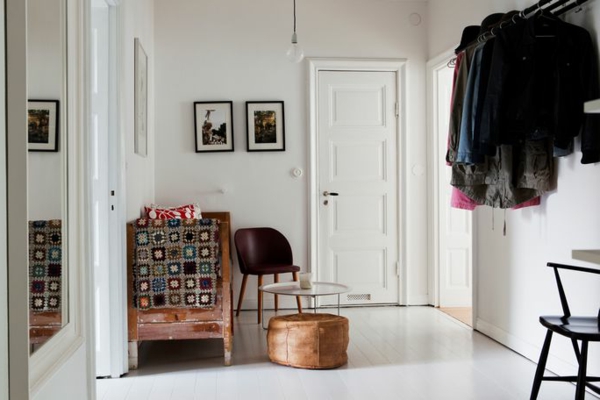 скандинавско-блаженство-шведски домашно скандинавски стил бяло-коридор-Пуф-плетиво преоразмерява