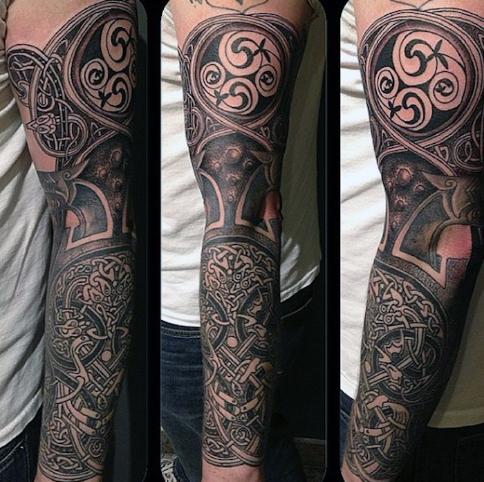 северна татуировка с много елементи, ръкавици за татуировки, ръкави