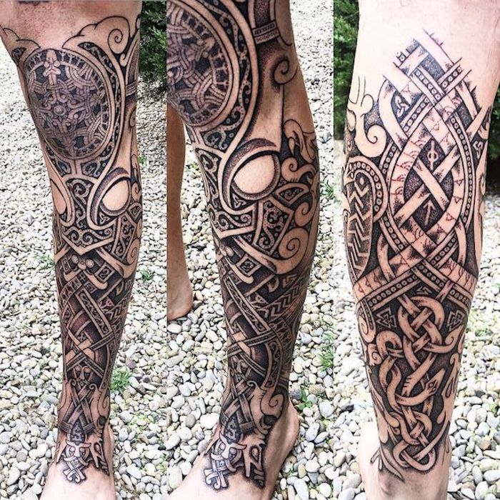северна татуировка, крак, бейфа, татуировка в черно и сиво