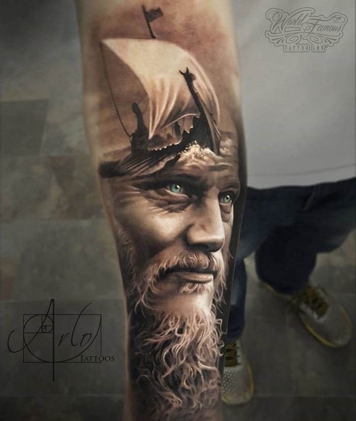 викинги татуировка, ragnar, кораб, сини очи, човек, викинг