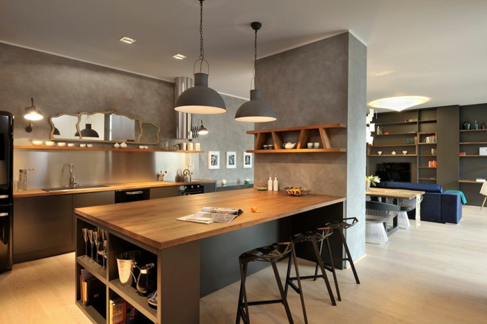 cuisine ouverte-salle étagères chambre ouverte-cuisine séparée avec comptoir semi-circulaire-miroir-lustre-cuisine