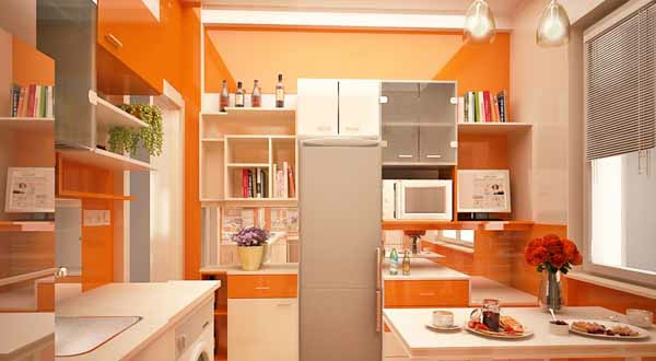 oranssi-keittiö-seinävärin-nykyajan huonekalut