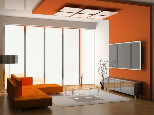 Sileät maalausideat - olohuone oransseilla seinillä