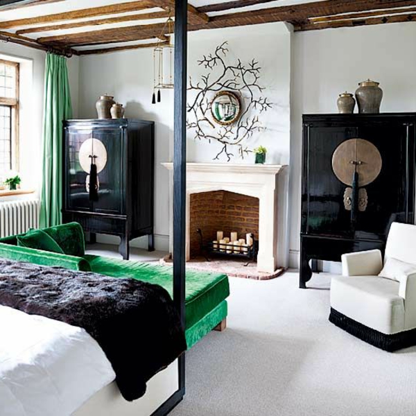 zelena bijela crna i smeđa boja kombiniraju - azijski okvir spavaće sobe