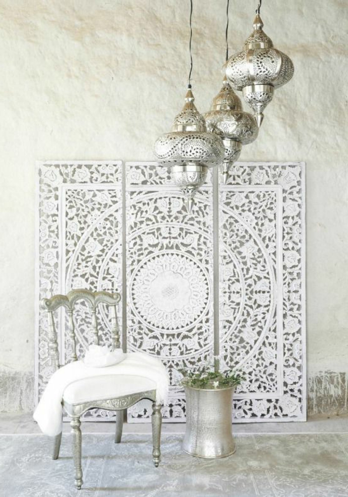 ориенталски декоративни идеи в бяло и сребристо Мандала стена декор стенописи марокански лампи дизайн