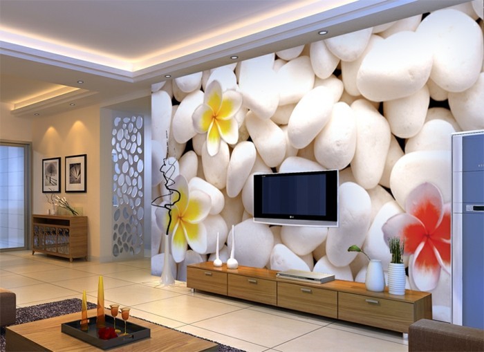 Foto original wallpaper-flores-y-piedras-en-hermosa-sala de estar