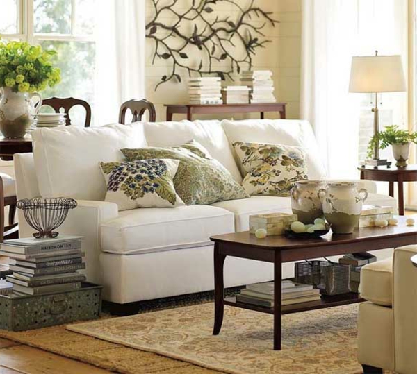 أصلية - غرفة معيشة - أريكة بيضاء مع الوسائد الجميلة