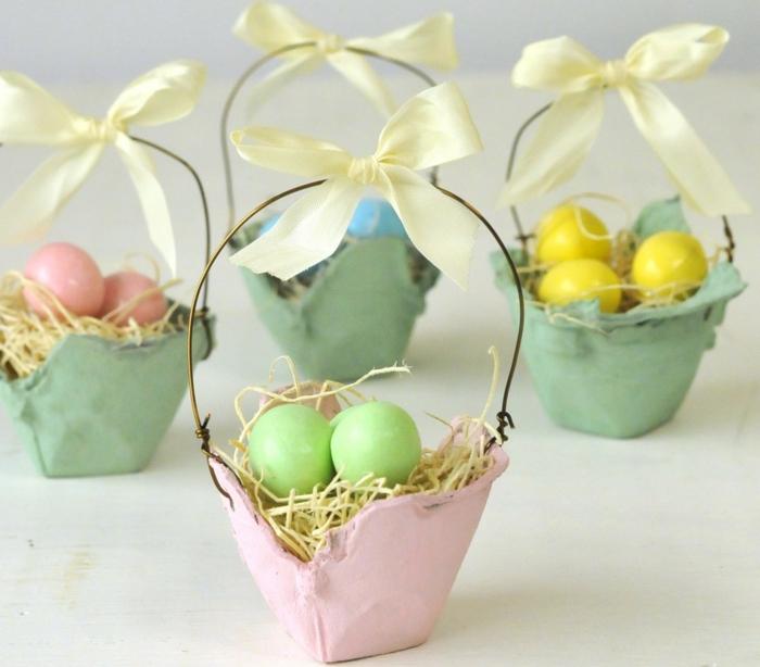 направете смешно картонено яйце, кошница с цветни яйца в зелено, жълто, синьо и розово
