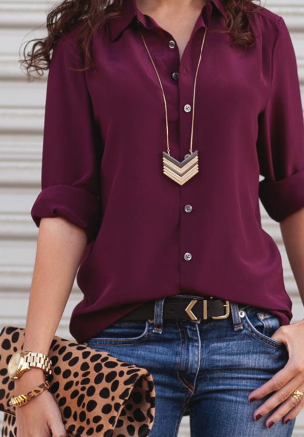 Pantone צבע marsala חולצת נשים וג 'ינס - שרשרת מודרנית