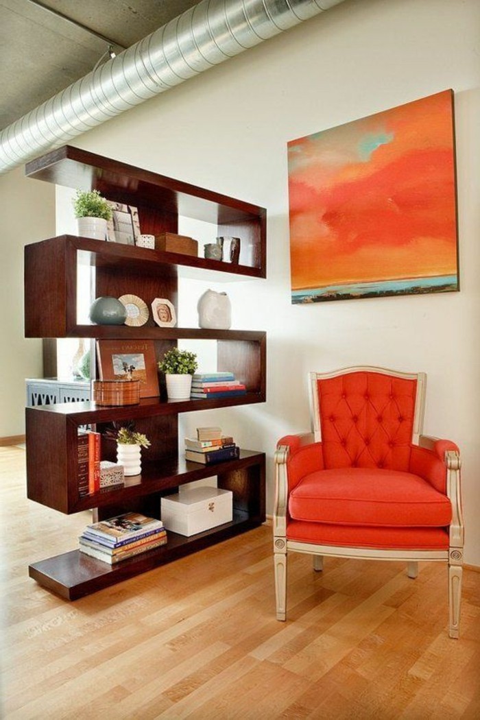 paravent книги забавлявам стая разделители-дял-рафт-стайни разделители-етажерки-рафтове-като преградна стена-дюшеме-оранжев диван-абстрактно изображение