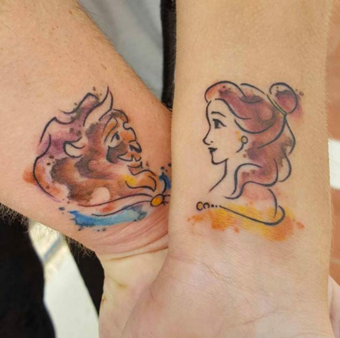 tetovaže za parove, lijepu i zvijer, disney motiv, šarene tetovaže