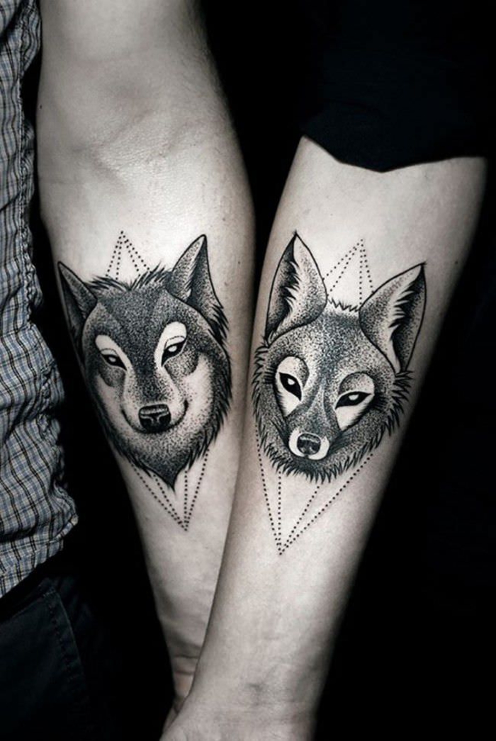 татуировки за партньори, вълк и лисица, татуировки за ръце, идея за двойки