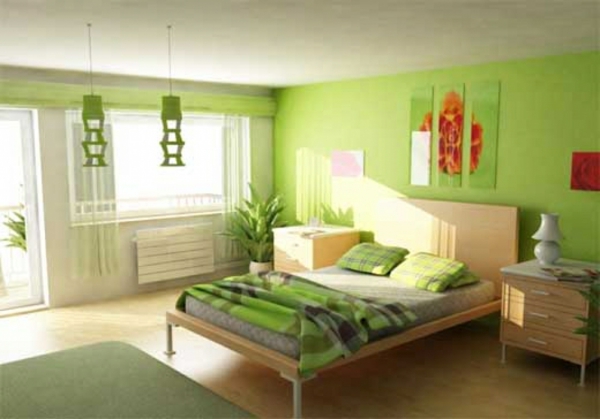 Biljka-u-spavaća soba-s-zeleni zid dizajn