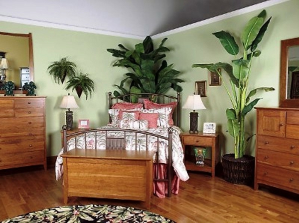 النباتات في غرف نوم مع الخشب وتصميم