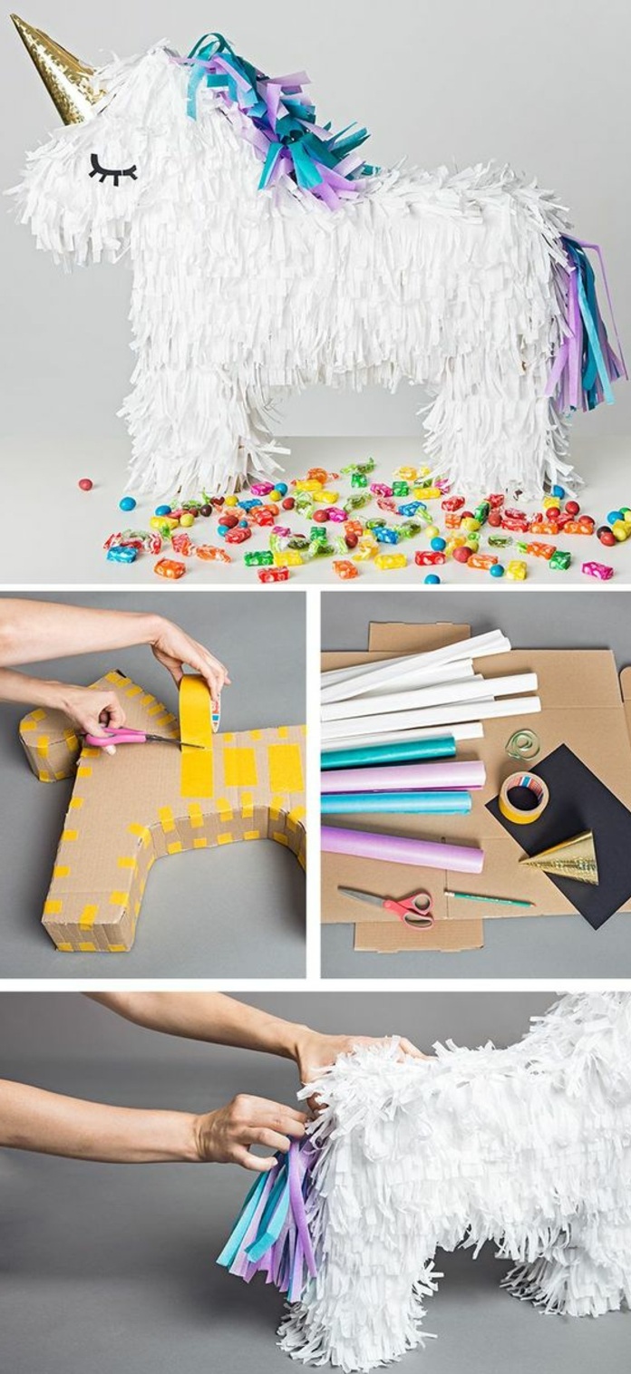 由纸板，糖果，白皮书，剪刀，胶带制成的独角兽