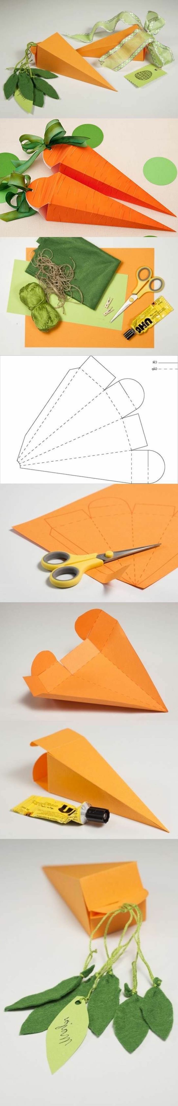 моркови от оранжева хартия със зелени листа, ножици