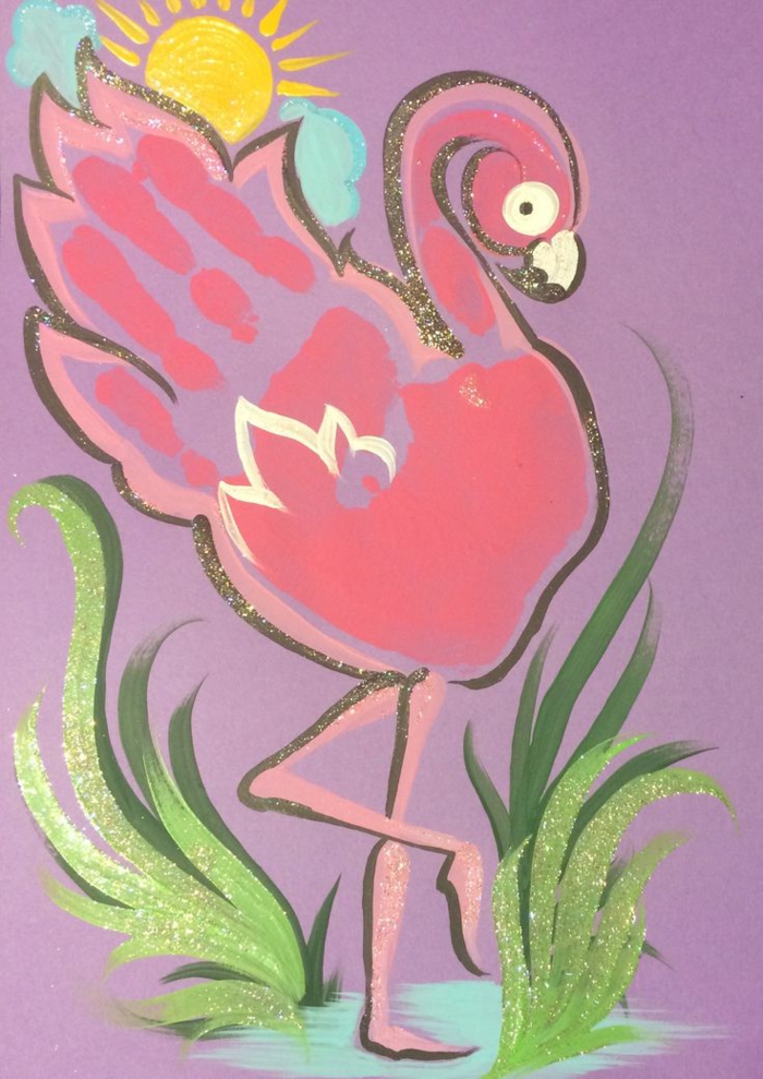 розов фламинго - снимка с отпечатъци от ръка