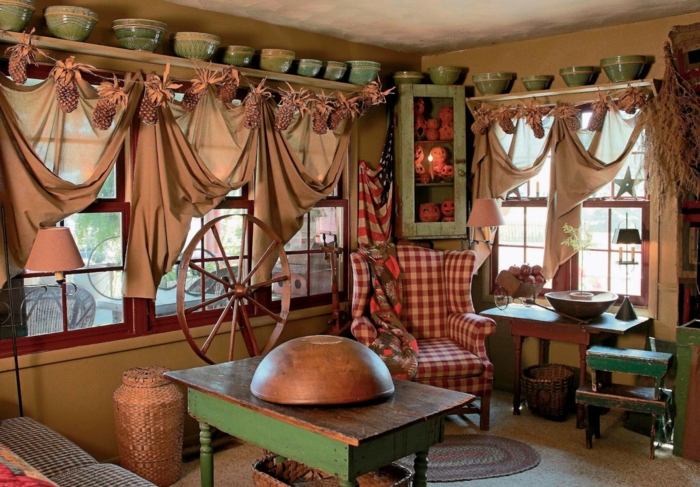 primitivni interijer kuhinja-ladanjski ladanjska kuća Deco pokrivač stolica Thong zavjesa vintage namještaj
