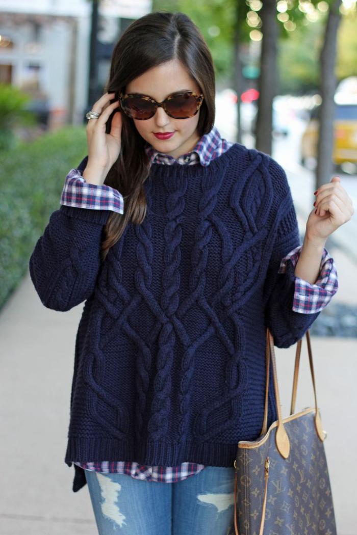 suéter de lana-women-azul oscuro trenzas camisa a cuadros patrón