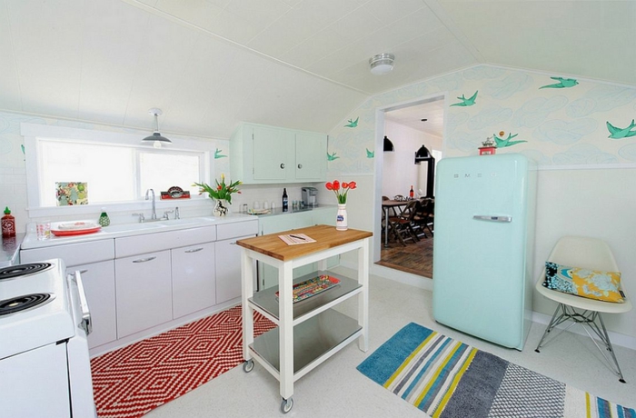 пространствено-кухня-сини хладилник тапети романтична модел Птици