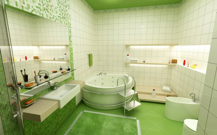 térbeli-fürdőszoba-zöld padlótól mennyezetig érő színes cserép félköríves fürdőszobai kiegészítők