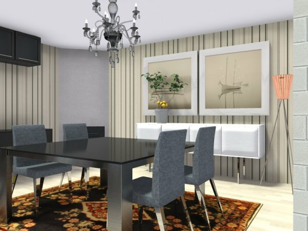 diseño de la habitación-comedor-cuatro sillas y dos cuadros en la pared