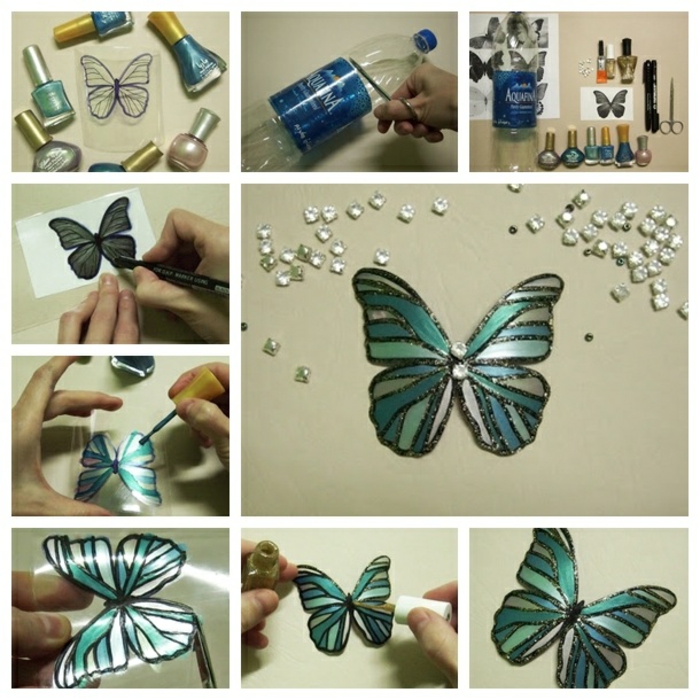 décoration avec des bouteilles, papillon en plastique, strass, vernis à ongles