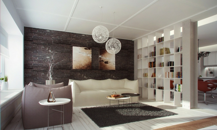 βασιλική του δωματίου διαιρέτες-δημιουργία ιδεών-μικρό-διαμέρισμα-διαμέρισμα-shelf-τραπεζαρία-σαλόνι-λευκό-καναπέ-παχύ χαλί-ξύλινο τραπέζι το δάπεδο γύρο καφέ Round-πολυέλαιος