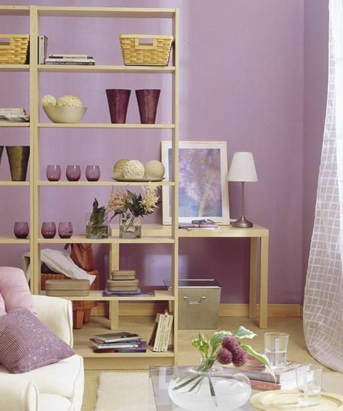 estanterías- trenner-partición-shelf-libros de anaquel divisores-divisores-estantes-salón-púrpura-set-madera-vidrio piso de tabla florero