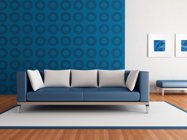 sala-azul-wallpaper-círculos retro-sala de estar