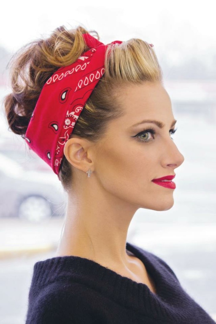 рокабили-прически на 50-те стил-супер-грим-и-червена коса лента