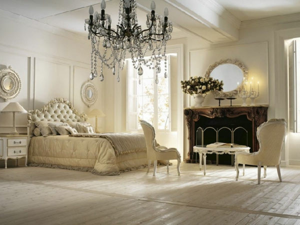 романтична спалня-дизайн-аристократично-полилей-и-кръгло огледало