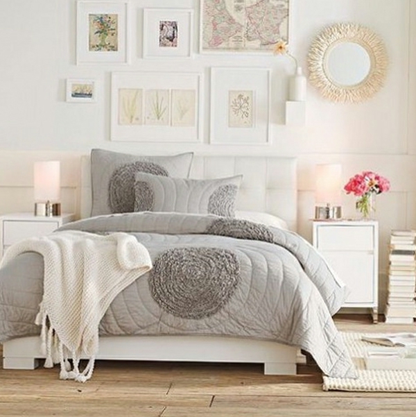 رومانسية-غرف نوم تصميم سرير مع الرمادي سرير البياضات