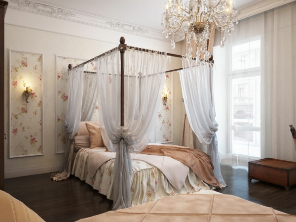 رومانسية-غرف نوم تصميم جميل من الثريا-الافراط في سرير مع والستائر الشفافة