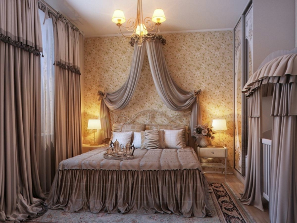 रोमांटिक बेडरूम का डिजाइन आधुनिक-पर्दा-ऑन-बिस्तर वाले