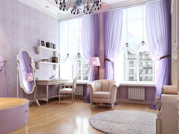 tepih s romantičnim spavaćom sobom - s purpurnim nijansama s okruglim tepisem