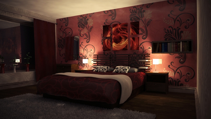 червени цветове на стените спални-подчертае,-идеи-красив-дневна стая дизайн
