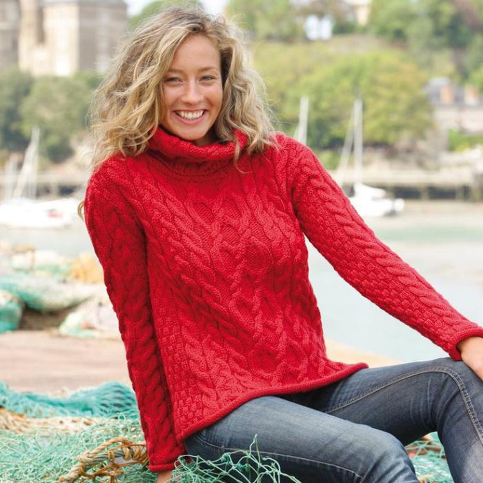 червено-пуловер-вълнени жени-плитки дънки Модела