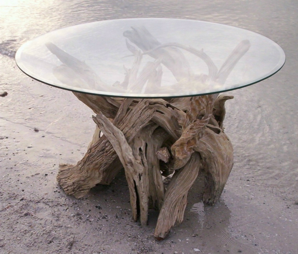 Original rond-table-de-verre-et-bois flotté