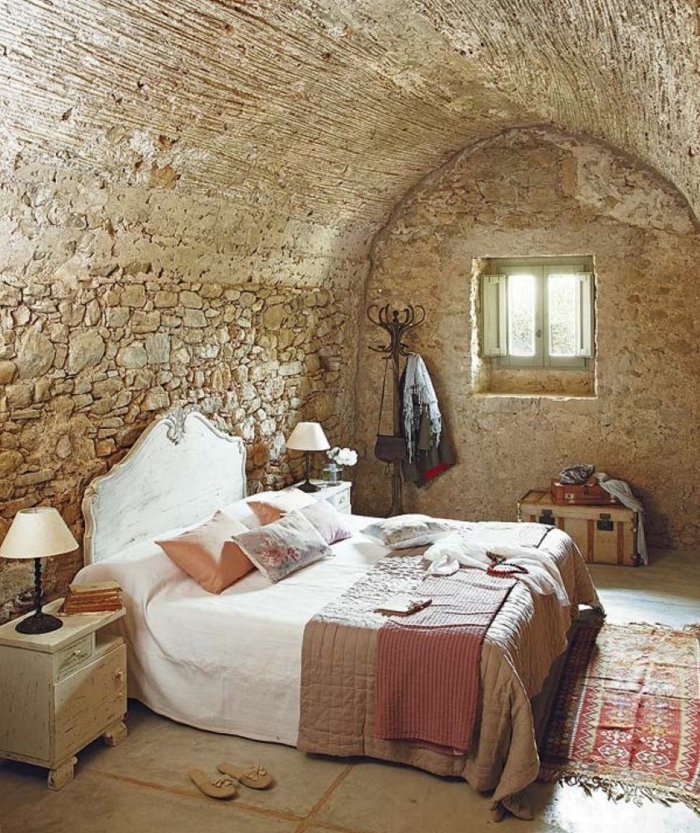 amueblado-rustik dormitorio brazo techo de piedra retro-vintage alfombra Landhausstil mesilla de noche