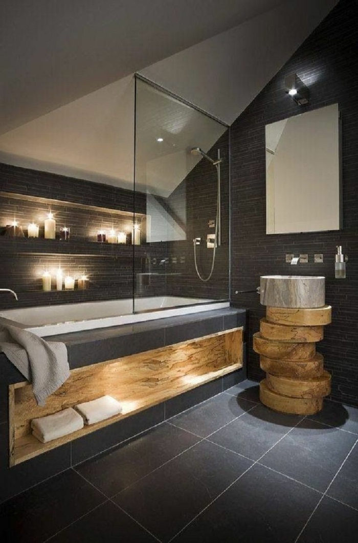 rusztikus fürdőszoba tervezés fürdő és üveg mosdó-eredeti design gyertyák